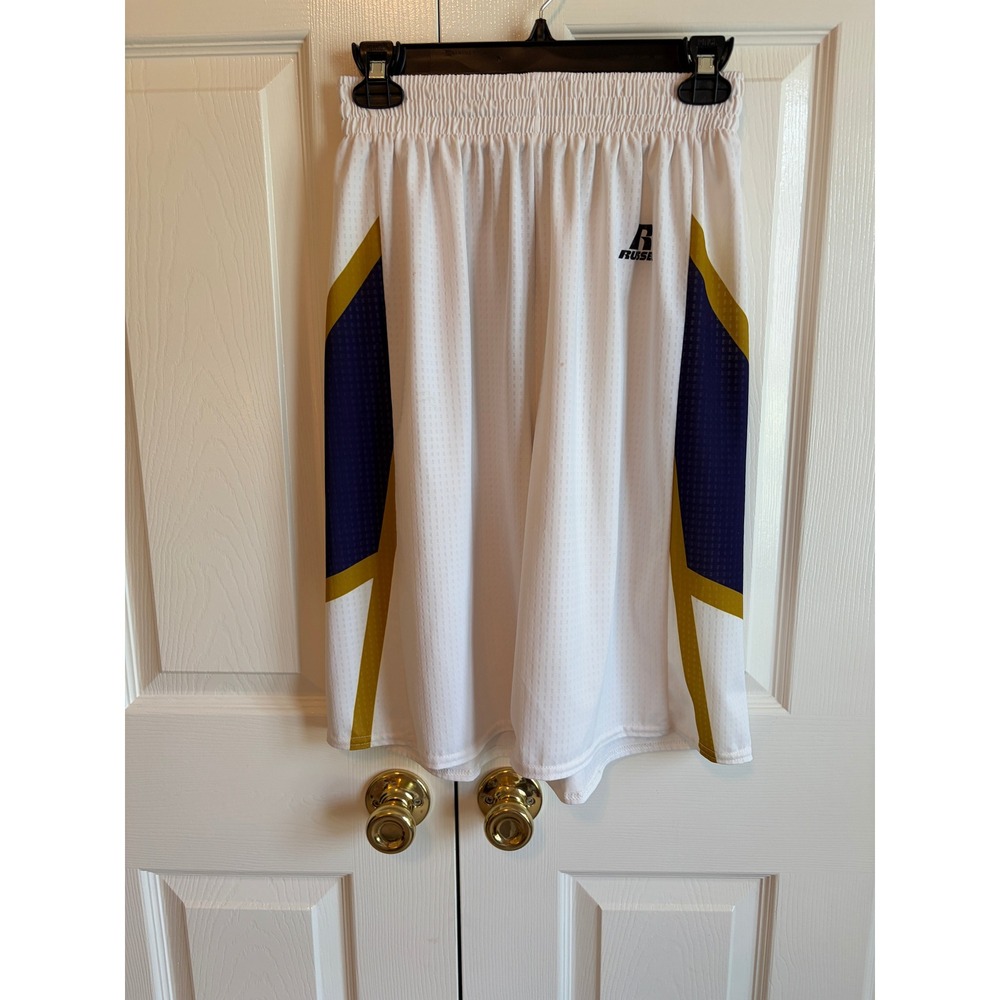 Vintage Russell Athletic Mesh Basketball Shorts White Navy Gold Y2K Mens Medium